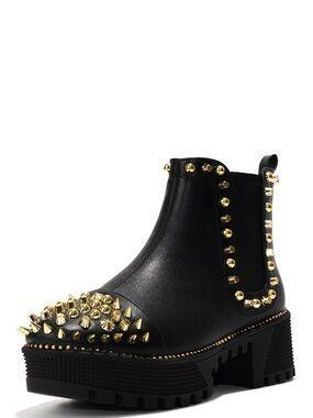 Black Leather Studded Chelsea Boot with Gold Accents